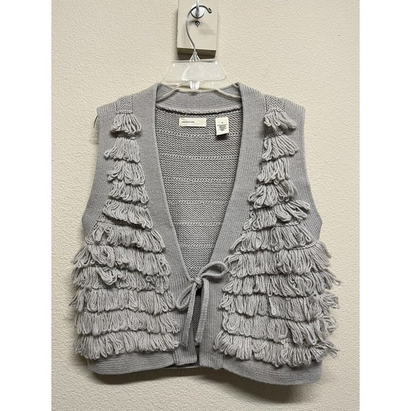 Anthropologie Sleeping On Snow Wool Blend Loop Fringe Vest Cardigan Size M Gray - Picture 9 of 9